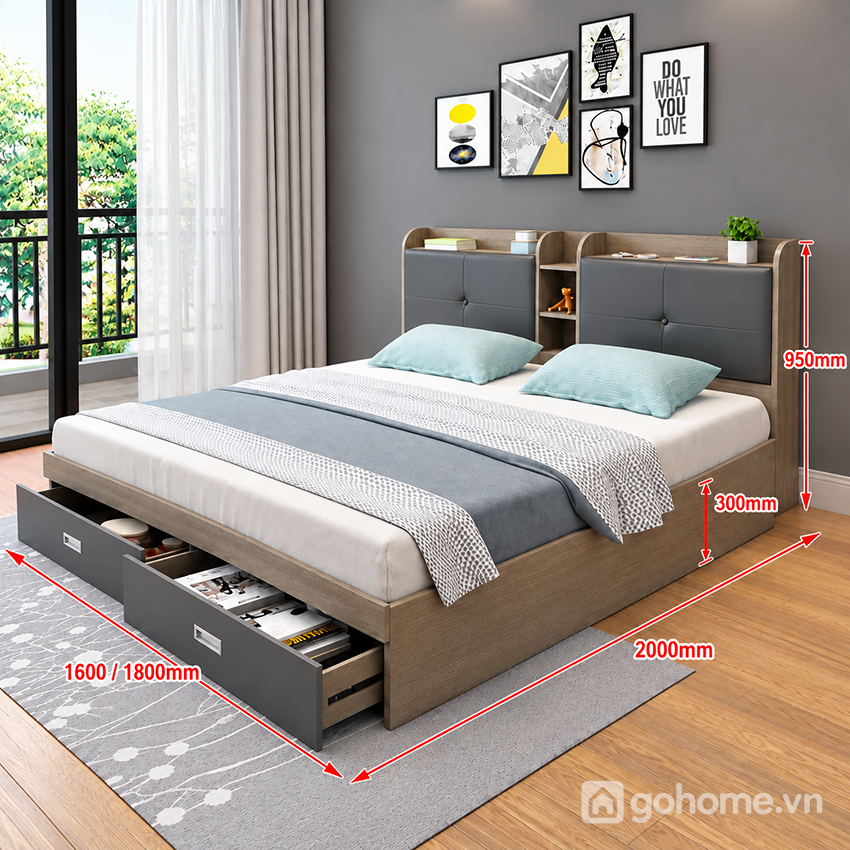 Kích thước chi tiết Giường Ngủ Bọc Nệm Có Kệ Đầu Giường Và Ngăn Kéo GH-11066