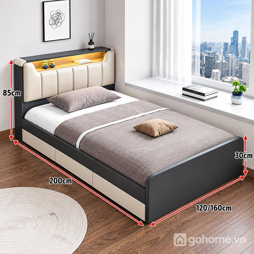 Kích thước chi tiết Giường Ngủ Bọc Nệm Có Kệ LED Đầu Giường GH-11069