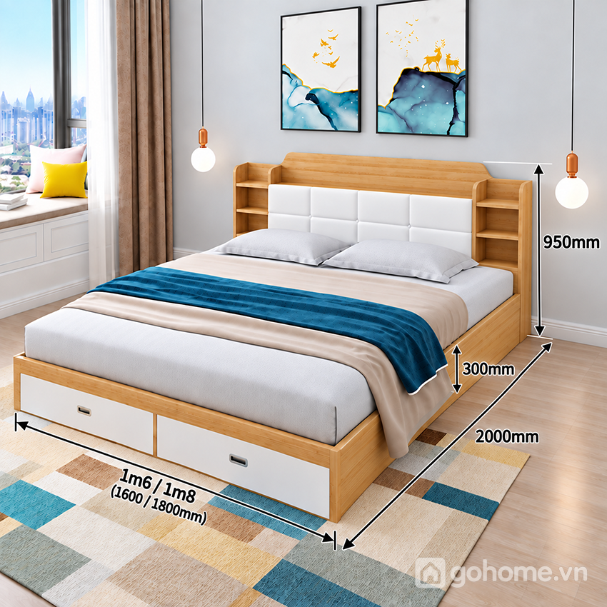 Kích thước chi tiết Giường Ngủ Bọc Nệm Kết Hợp Kệ Sách Hai Bên GH-11065