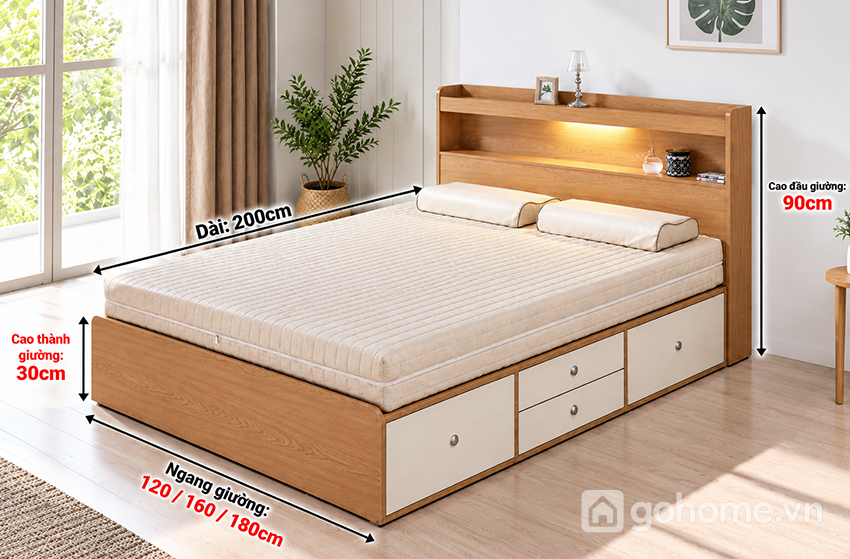 Kích thước chi tiết Giường Ngủ Có Kệ Đầu Giường LED Và Hộc Kéo GH-11063