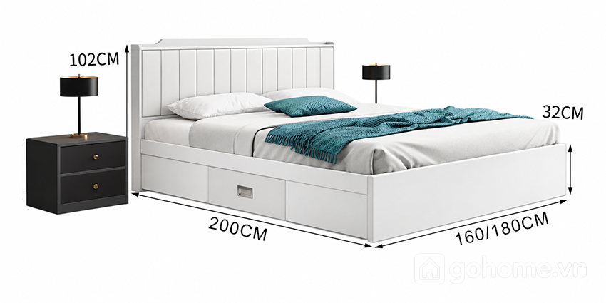 Kích thước chi tiết Giường Ngủ Đa Năng Kết Hợp Đệm Đầu Giường Và Hộc Chứa Đồ GH-11076