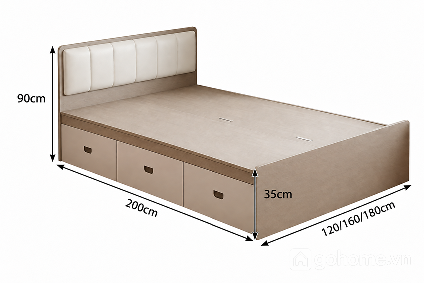 Kích thước chi tiết Giường Ngủ Đầu Giường Bọc Đệm Tích Hợp Hộc Kéo GH-11068