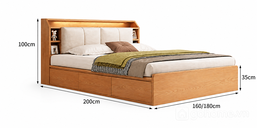 Kích thước chi tiết Giường Ngủ Đầu Giường Liền Kệ Phong Cách Hiện Đại GH-11071