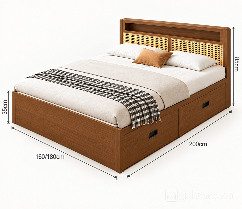 Kích thước chi tiết Giường Ngủ Đầu Giường Mây Đan Có Ngăn Kéo GH-11074