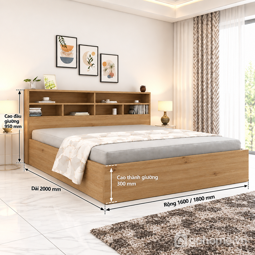 Kích thước chi tiết Giường Ngủ Tích Hợp Giá Sách Đầu Giường Nhiều Ngăn GH-11064