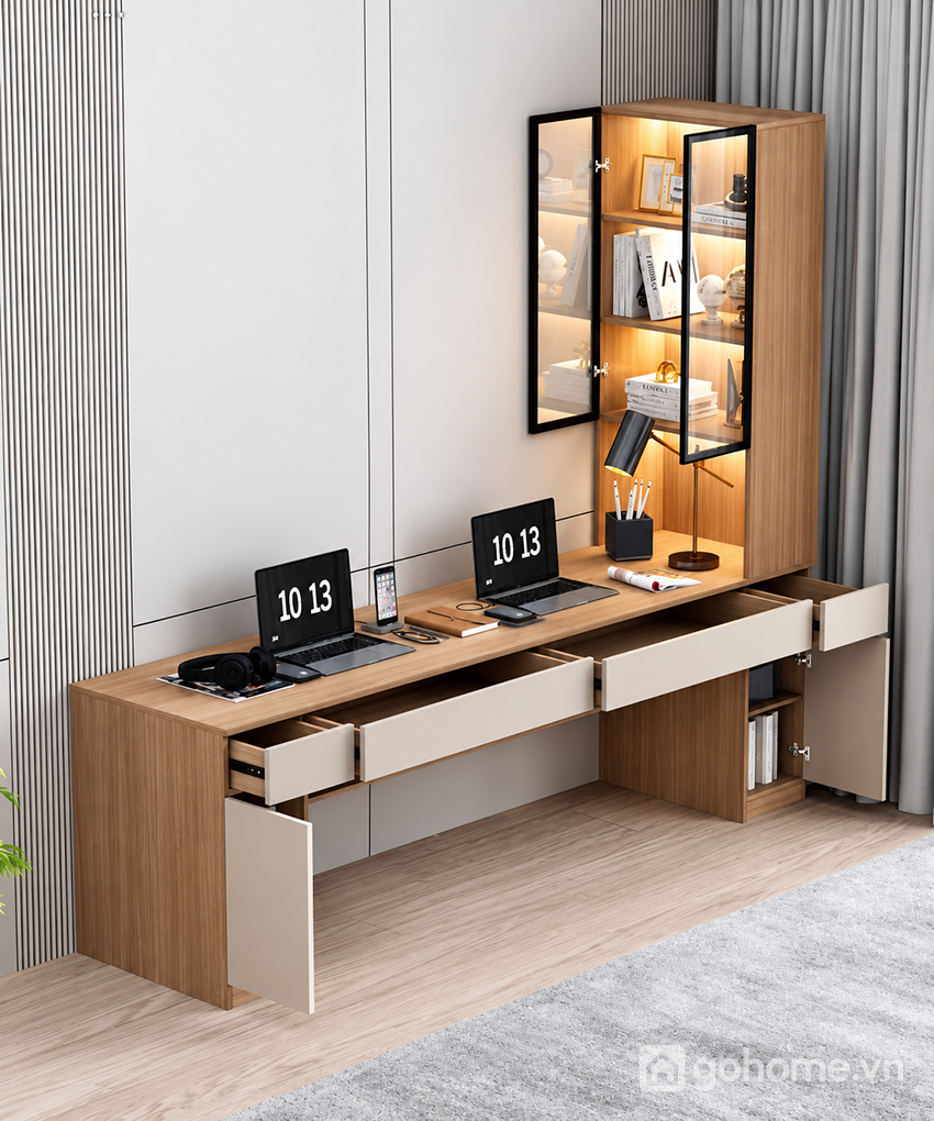 Ngăn kéo và kệ sách hỗ trợ lưu trữ gọn gàng