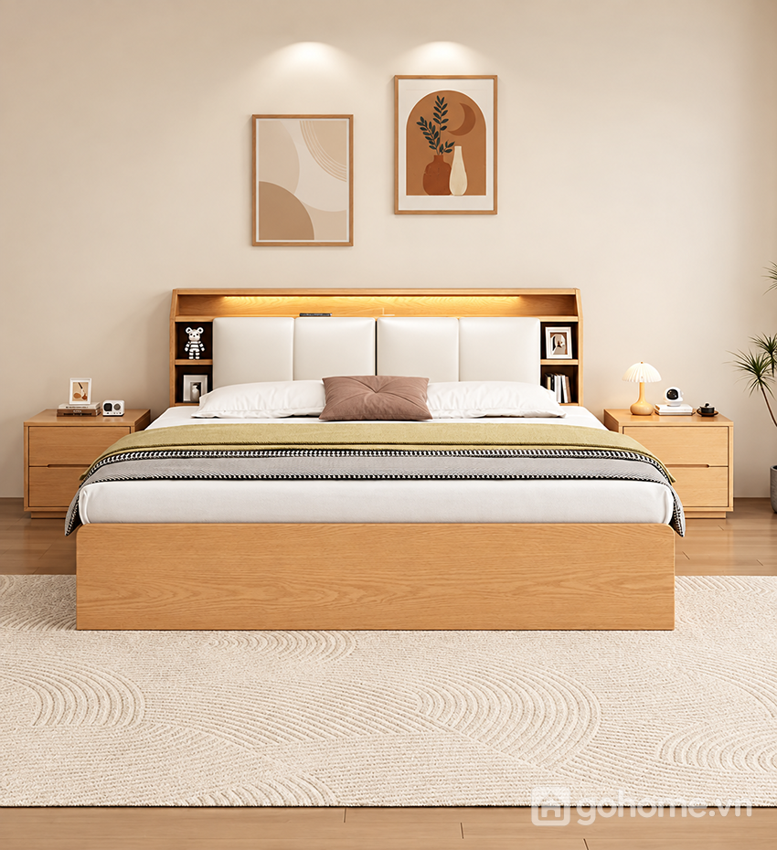 Thiết kế đầu giường liền kệ gọn gàng, hiện đại
