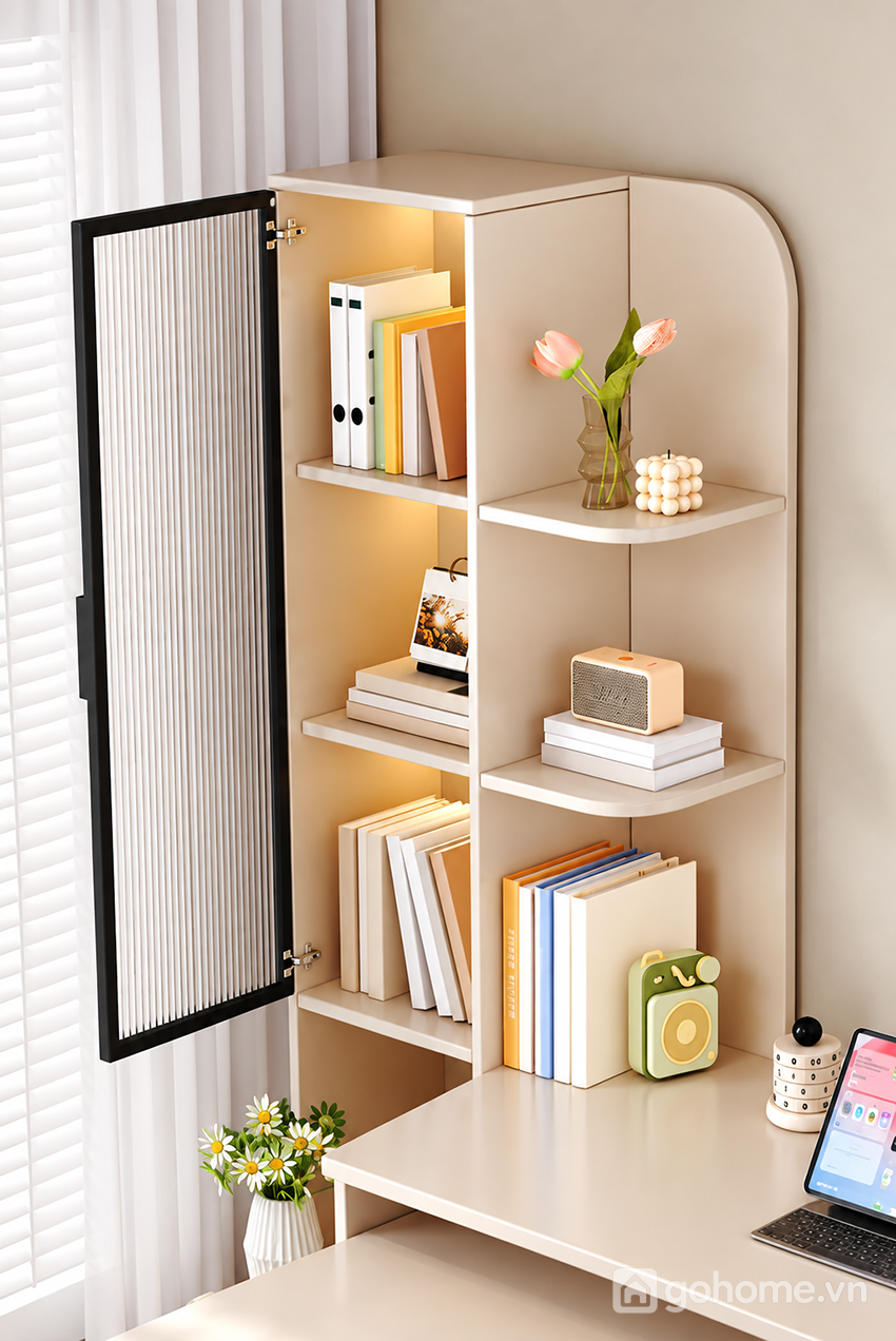 Tủ kính có đèn hắt giúp trưng bày sách gọn đẹp